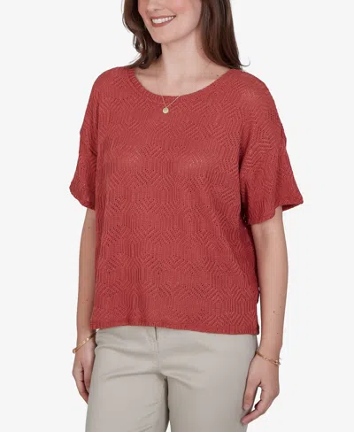 Ruby Rd. Petite Crochet Diamond Textured Knit Top In Brown
