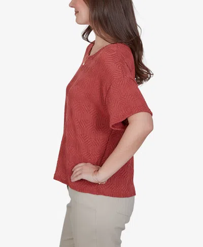 Ruby Rd. Petite Crochet Diamond Textured Knit Top In Brown
