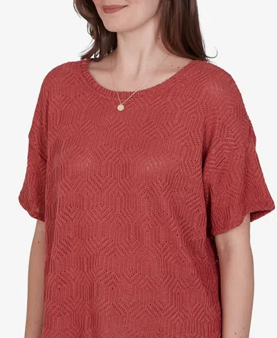 Ruby Rd. Petite Crochet Diamond Textured Knit Top In Brown