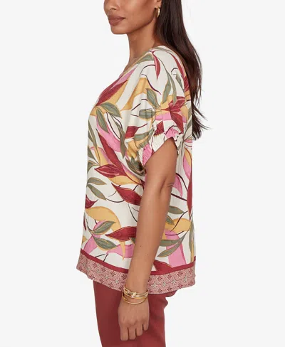 Ruby Rd. Petite Textured Leaf Print Short-sleeve Top In Multi