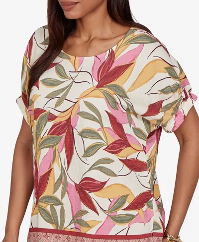 Ruby Rd. Petite Textured Leaf Print Short-sleeve Top In Multi