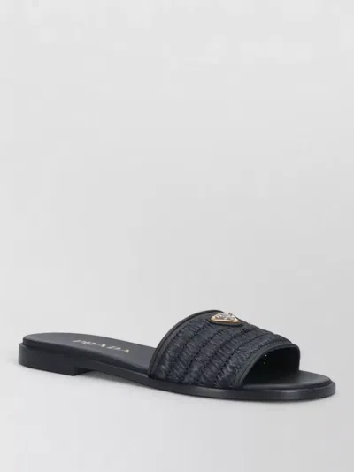 Prada Black Sandals With Woven Strap And Logo Accents In Black