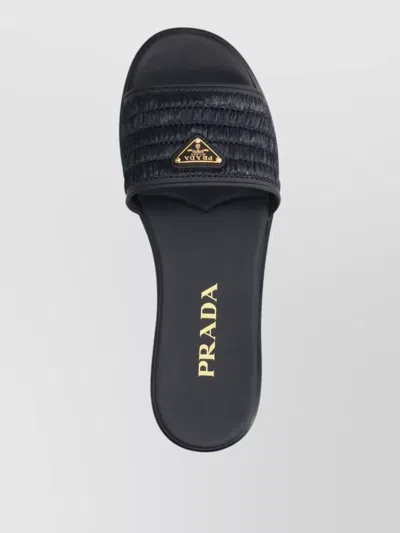 Prada Black Sandals With Woven Strap And Logo Accents In Black