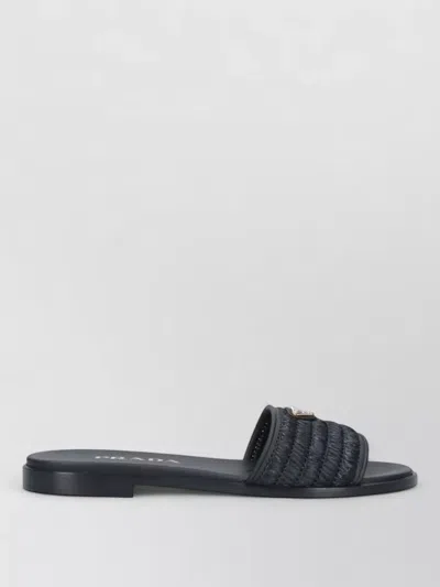 Prada Black Sandals With Woven Strap And Logo Accents In Black