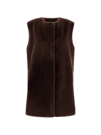 Herno Mid-length Faux Fur Vest With Concealed Closure And Welt Pockets In Brown