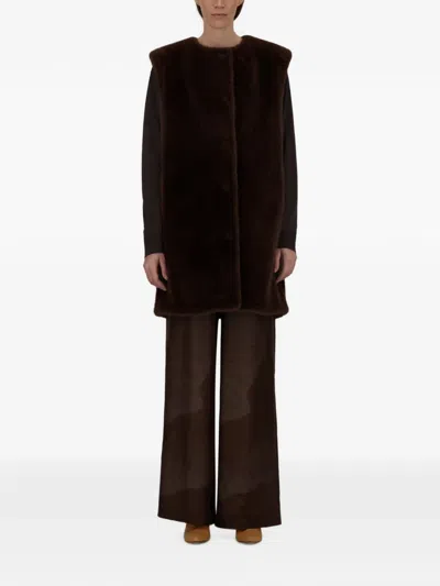 Herno Mid-length Faux Fur Vest With Concealed Closure And Welt Pockets In Brown