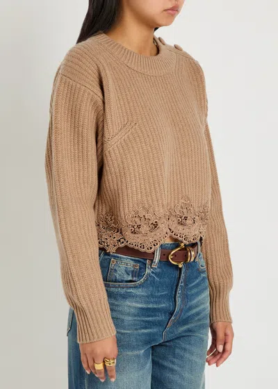 Chloé Pullover Corto Con Collo A Lupetto In Maglia Di Lana E Cashmere Con Pizzo In Brown