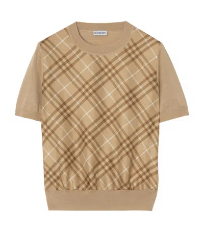 Burberry Check Panel Wool Silk T-shirt In Brown