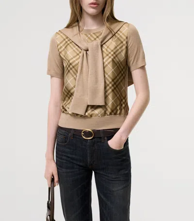 Burberry Check Panel Wool Silk T-shirt In Brown