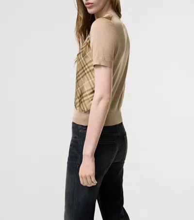 Burberry Check Panel Wool Silk T-shirt In Brown
