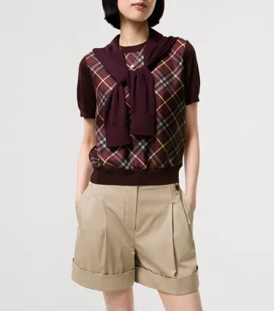 Burberry Check Panel Wool Silk T-shirt In Burgundy