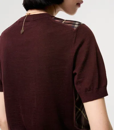 Burberry Check Panel Wool Silk T-shirt In Burgundy
