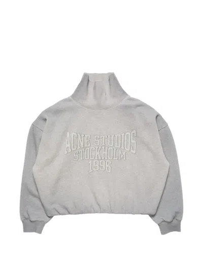 Acne Studios Brushed Cotton Fleece Funnel Neck Logo Sweatshirt With Balloon Hem In Gray