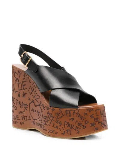 Chloé Scribble-print Wedge Sandals In Black