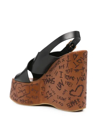 Chloé Scribble-print Wedge Sandals In Black
