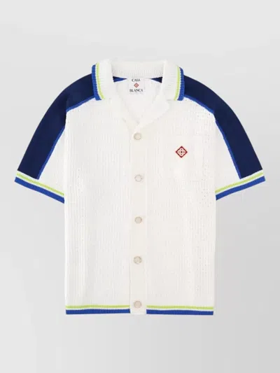 Casablanca Contrasting Trims Chest Pocket Logo-embroidered Short-sleeve Button-up Shirt In Blue