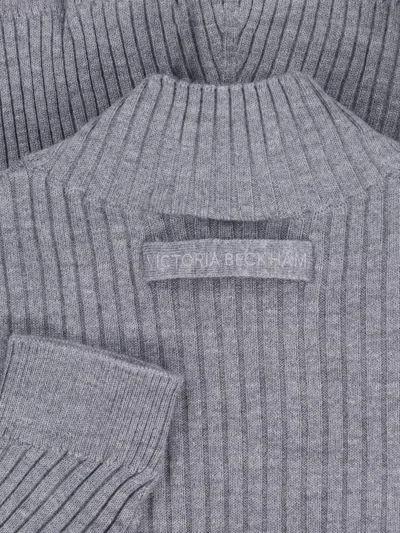 Victoria Beckham Fitted Ribbed Knit Sweater With Subtle V-neckline In Gray