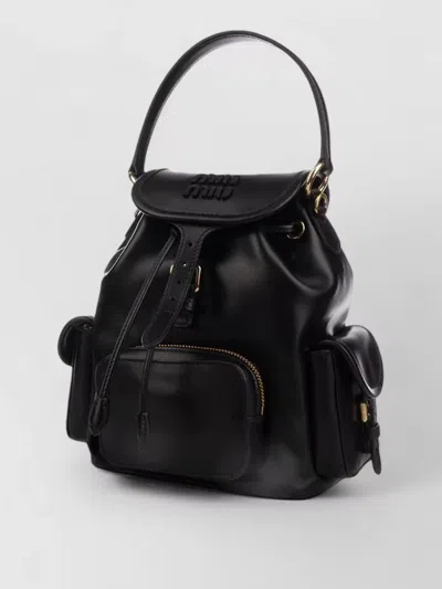 Miu Miu Leather Backpack With Front And Side Pockets In Black