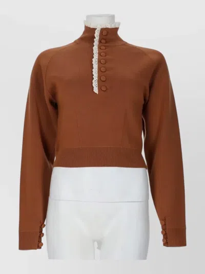 Chloé Wool Knit Mock Neck Lace Pullover In Brown