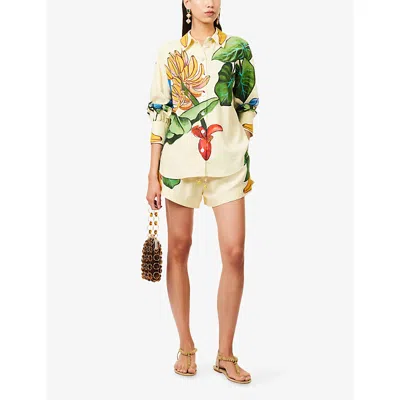 Farm Rio All-over Print Linen-blend Shorts With Elastic Drawstring Waist In Yellow
