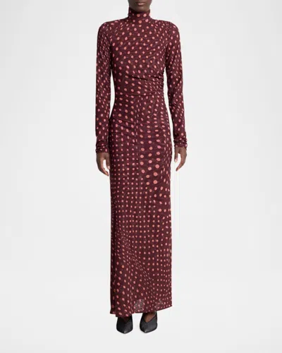 Stella Mccartney Turtleneck Polka Dot Mesh Long-sleeve Maxi Dress In Burgundy