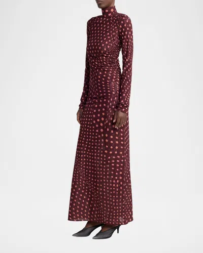 Stella Mccartney Turtleneck Polka Dot Mesh Long-sleeve Maxi Dress In Burgundy