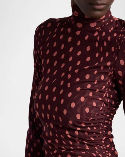 Stella Mccartney Turtleneck Polka Dot Mesh Long-sleeve Maxi Dress In Burgundy