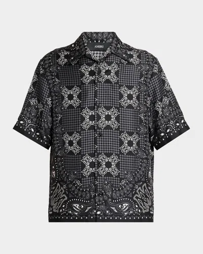 Amiri Silk Bowling Shirt With Cuban Collar And All-over Geometric Print In Black