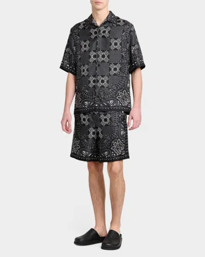 Amiri Silk Bowling Shirt With Cuban Collar And All-over Geometric Print In Black