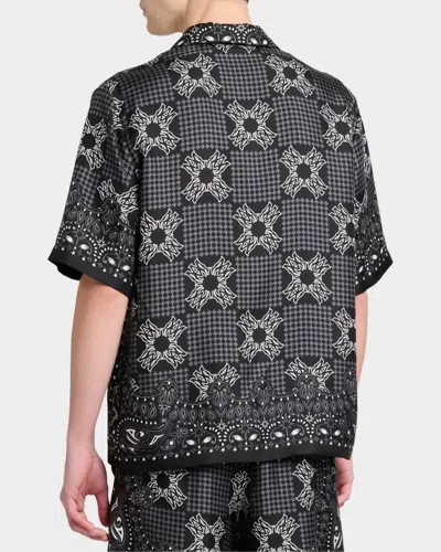 Amiri Silk Bowling Shirt With Cuban Collar And All-over Geometric Print In Black