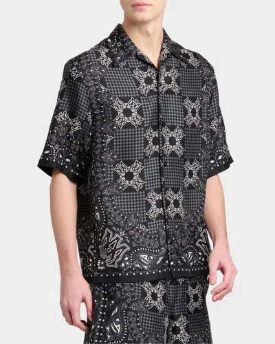 Amiri Silk Bowling Shirt With Cuban Collar And All-over Geometric Print In Black