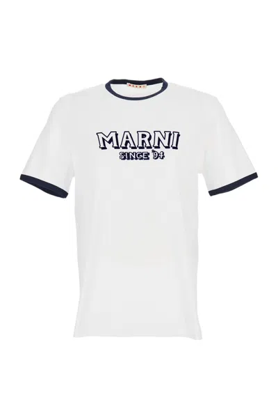 Marni Crew Neck T-shirt With Front Logo And Ribbed Accents In White
