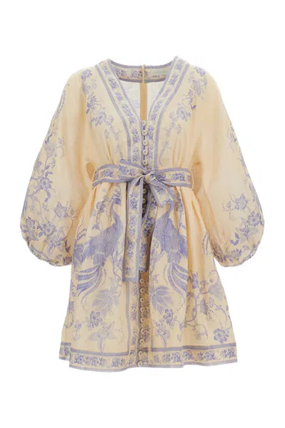 Zimmermann Womens Indra Plunge Linen Mini Dress Cream Lilac Floral In Yellow