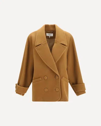Chloé Double-breasted Short Coat In Herringbone Wool In Brown