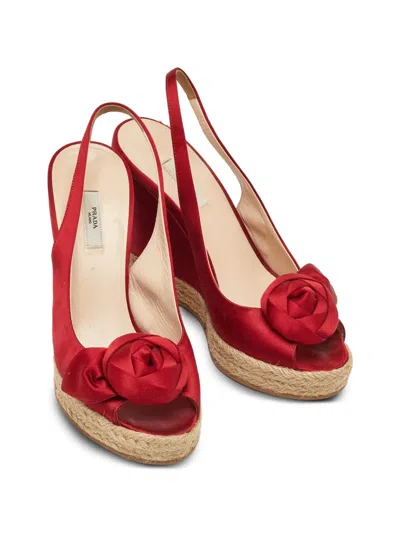 Pre-owned Prada Rose Slingback Espadrilles In Red