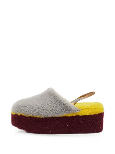 Pre-owned Fendi Shearling Platform Mules In Gray