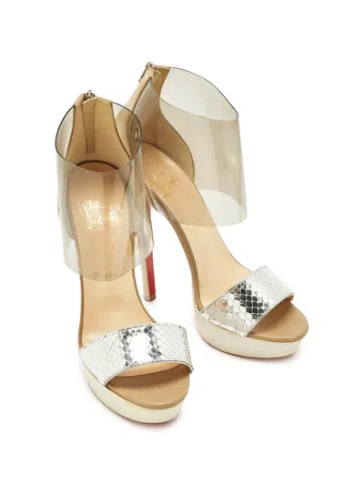 Pre-owned Christian Louboutin Dufoura Python-embossed Platform Sandals In Neutral
