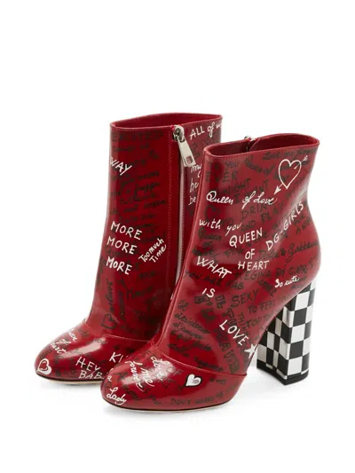 Pre-owned Dolce & Gabbana Graffiti-print Leather Ankle Boots In Red