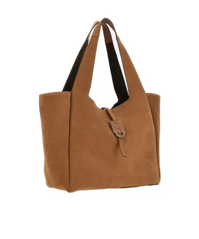 Hogan Rectangular Suede Tote Bag Top Handle Buckle In Brown
