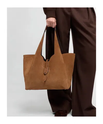 Hogan Rectangular Suede Tote Bag Top Handle Buckle In Brown