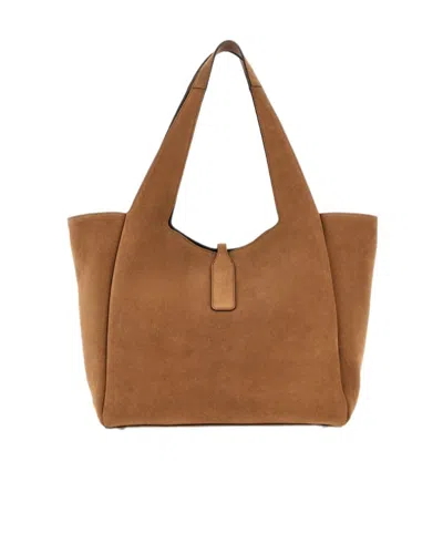 Hogan Rectangular Suede Tote Bag Top Handle Buckle In Brown