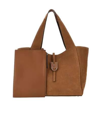 Hogan Rectangular Suede Tote Bag Top Handle Buckle In Brown