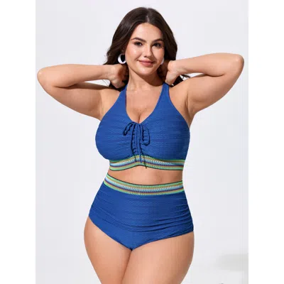 Bloomchic Textured Adjustable Drawstring Swim Top In Blue