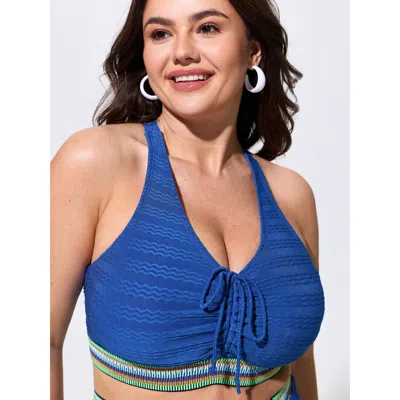 Bloomchic Textured Adjustable Drawstring Swim Top In Blue