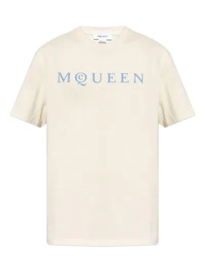 Alexander Mcqueen Men Cotton T-shirt With A Flocked Logo Printed In Neutral