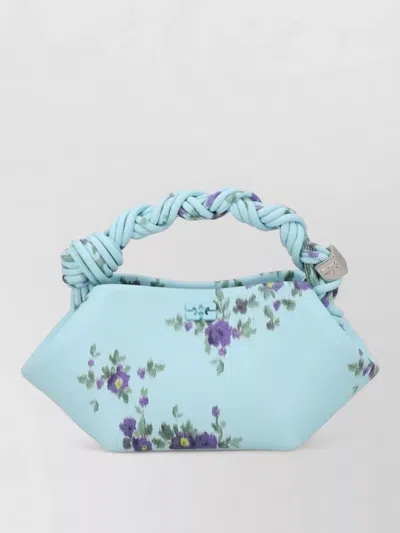 Ganni Mini Bag Structured Shape Floral Pattern Handle In Blue