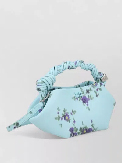 Ganni Mini Bag Structured Shape Floral Pattern Handle In Blue
