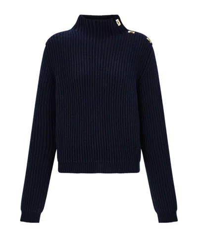 Ferragamo Wool Blend Sweater Button Shoulder Mock Neck In Blue