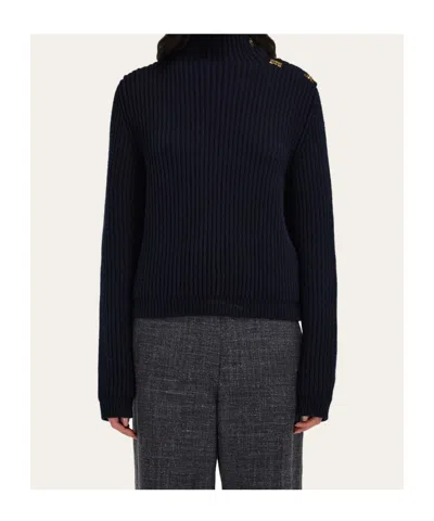 Ferragamo Wool Blend Sweater Button Shoulder Mock Neck In Blue