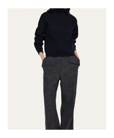 Ferragamo Wool Blend Sweater Button Shoulder Mock Neck In Blue